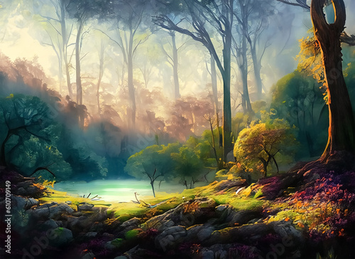 Artistic conception of beautiful landscape painting of nature of forest background. Generative AI