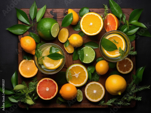 Fresh citrus fruits and cocktails with green leaves