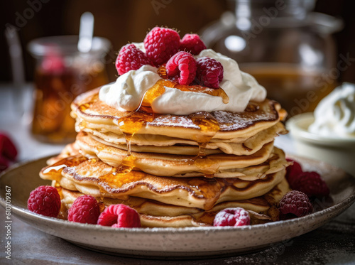 Pancakes served with cream, raspberries and honey