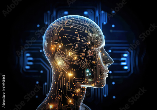 Transparent human head with computer circuitry. Enhanced human abilities through technology