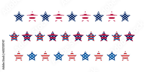 Independence Day United States stars dividers. USA flag illustration, decorations - border lines. Memorial Day, traditional patriotic US frame for American national holiday. Veterans day USA set.