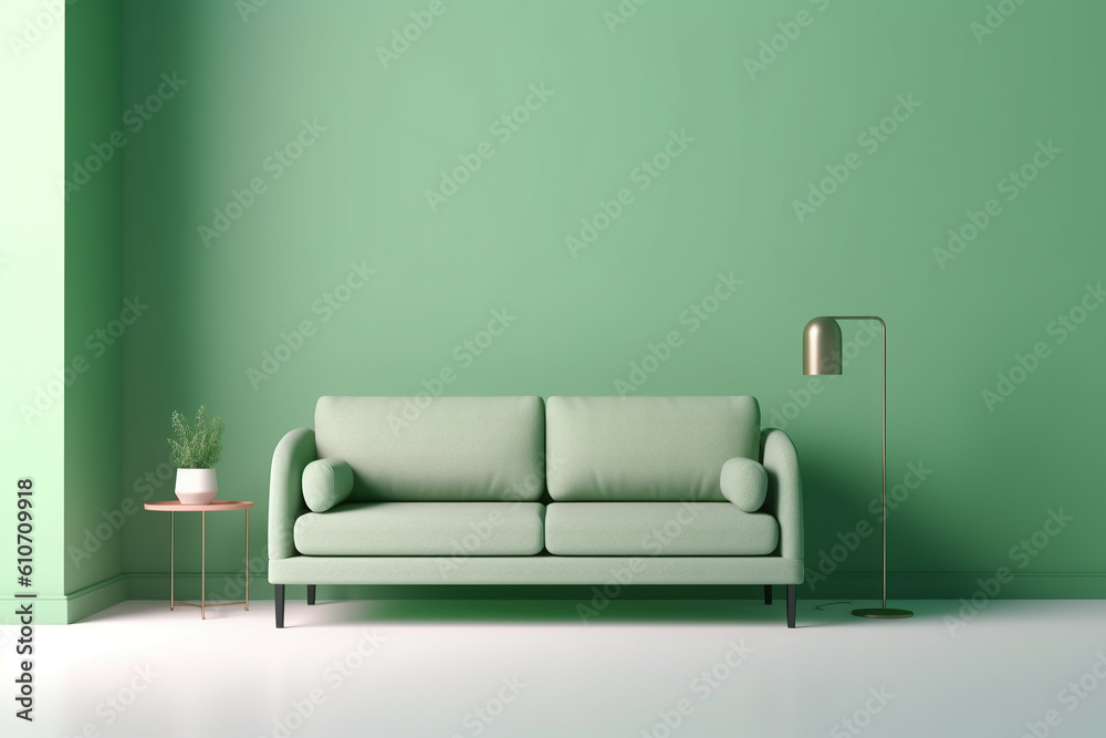 Isolated green sofa on a solid color copyspace background. Generative AI Isolated green sofa on a solid color copyspace background. Generative AI
