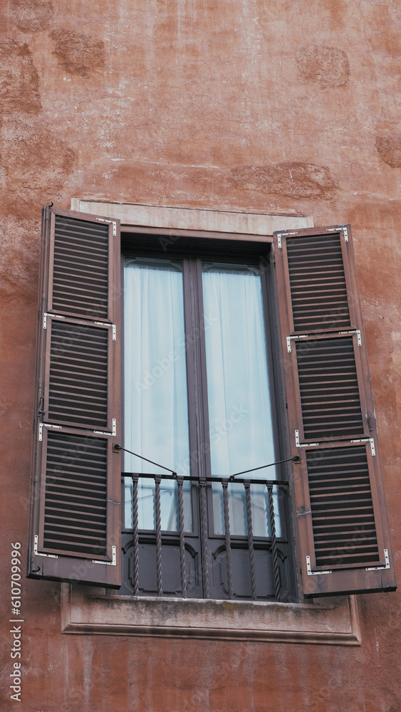 Open italian window on vintage wall with flowers