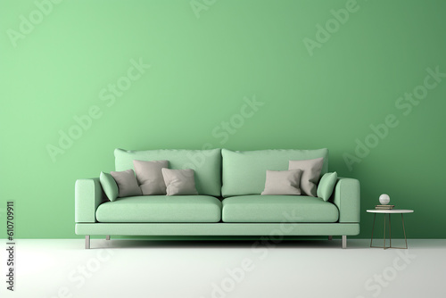 Isolated green sofa on a solid color copyspace background. Generative AI