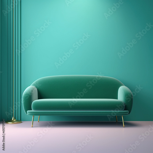 Isolated green sofa on a solid color copyspace background. Generative AI © JuanM
