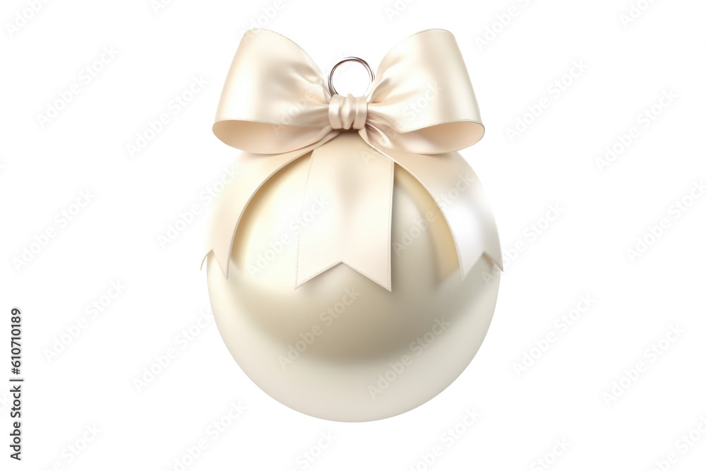white Christmas ball with ribbon and a bow, isolated on background. Generative AI white Christmas ball with ribbon and a bow, isolated on background. Generative AI