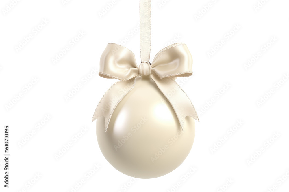 white Christmas ball with ribbon and a bow, isolated on background. Generative AI