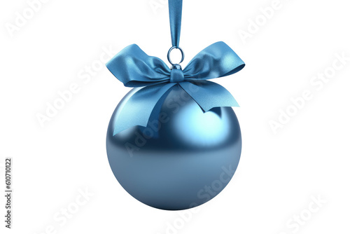 blue Christmas ball with ribbon and a bow, isolated on background. Generative AI photo