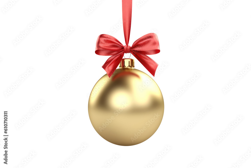 gold Christmas ball with ribbon and a bow, isolated on background. Generative AI gold Christmas ball with ribbon and a bow, isolated on background. Generative AI