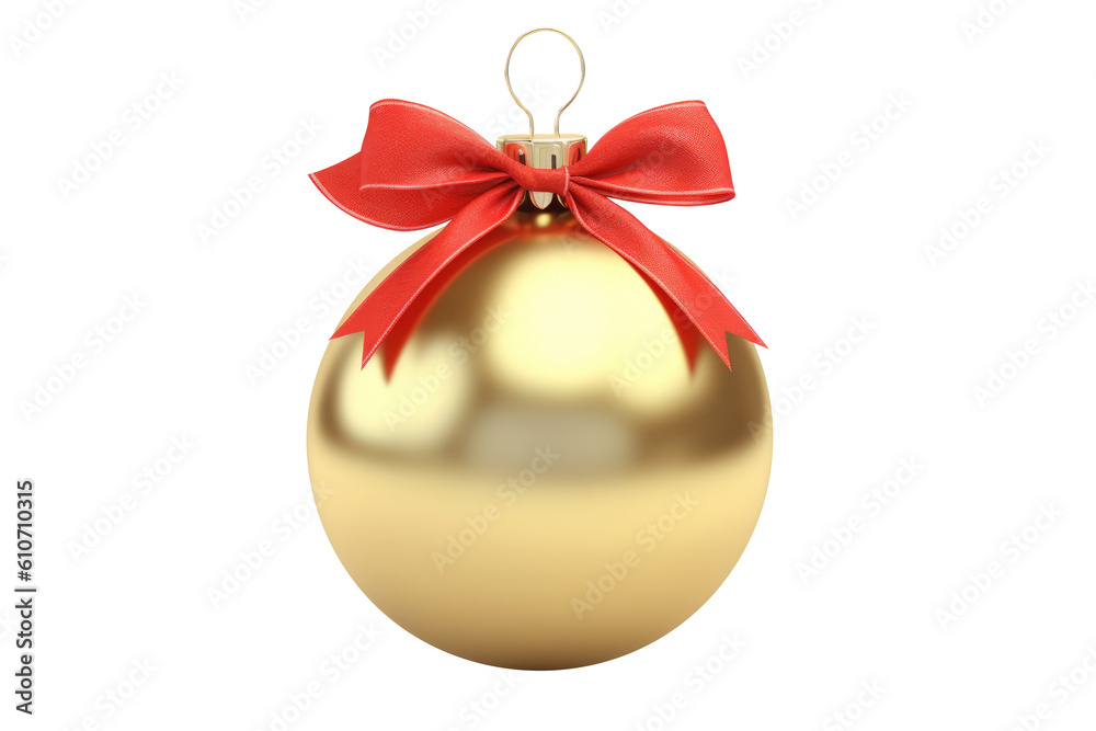 gold Christmas ball with ribbon and a bow, isolated on background. Generative AI gold Christmas ball with ribbon and a bow, isolated on background. Generative AI