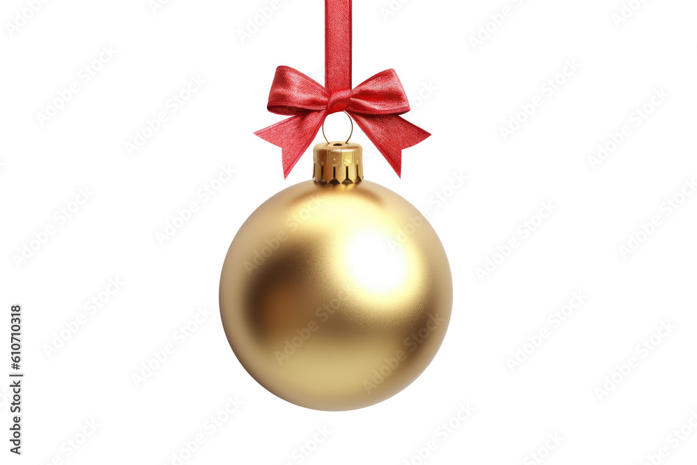 gold Christmas ball with ribbon and a bow, isolated on background. Generative AI gold Christmas ball with ribbon and a bow, isolated on background. Generative AI