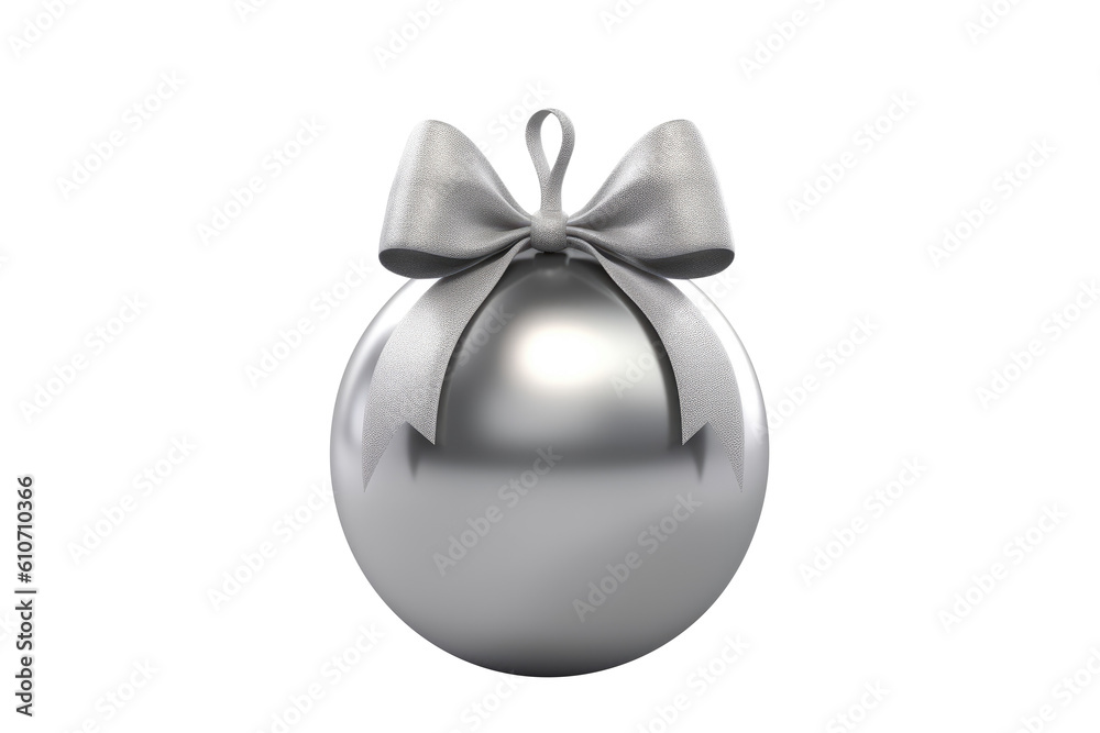 gray Christmas ball with ribbon and a bow, isolated on background. Generative AI gray Christmas ball with ribbon and a bow, isolated on background. Generative AI