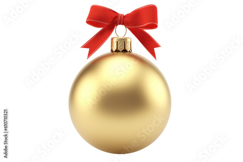 gold Christmas ball with ribbon and a bow, isolated on background. Generative AI