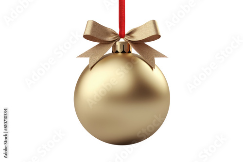 gold Christmas ball with ribbon and a bow, isolated on background. Generative AI