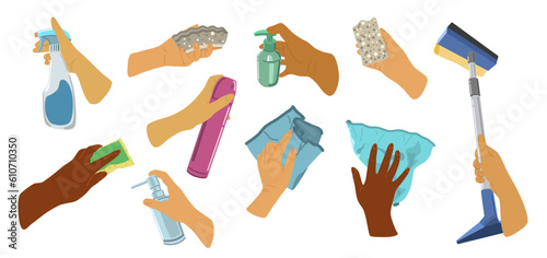 People hands doing house cleaning routine close up vector illustrations set. Palms with mop, polish spray, sponge and cleaning cloth soap agent flat style drawings collection Isolated