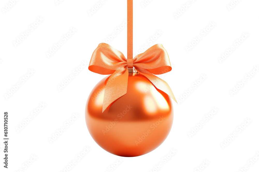 orange Christmas ball with ribbon and a bow, isolated on background. Generative AI