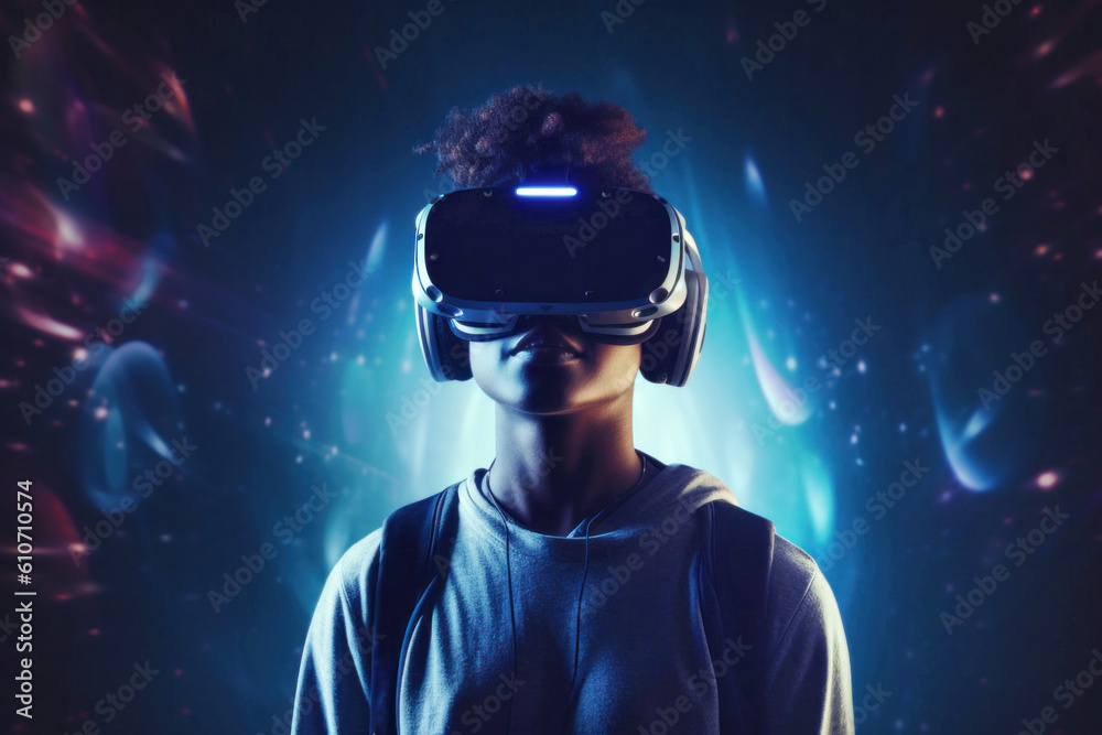 African American teenage girl in VR headset engaged in virtual reality experience over dark background with blue glow