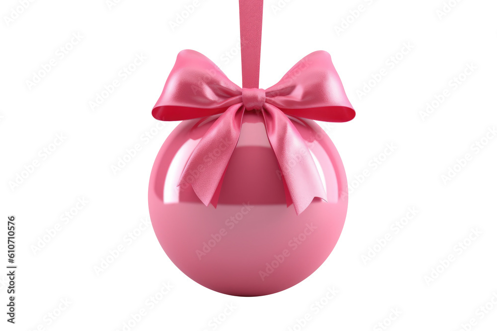 pink Christmas ball with ribbon and a bow, isolated on background. Generative AI pink Christmas ball with ribbon and a bow, isolated on background. Generative AI