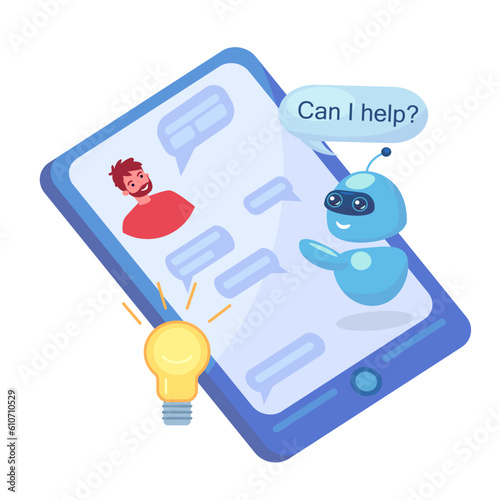 Robot offering help to man on phone screen vector illustration. Virtual assistant advising client via chat messenger app on smartphone. Online customer support, AI, chatbot conversation concept