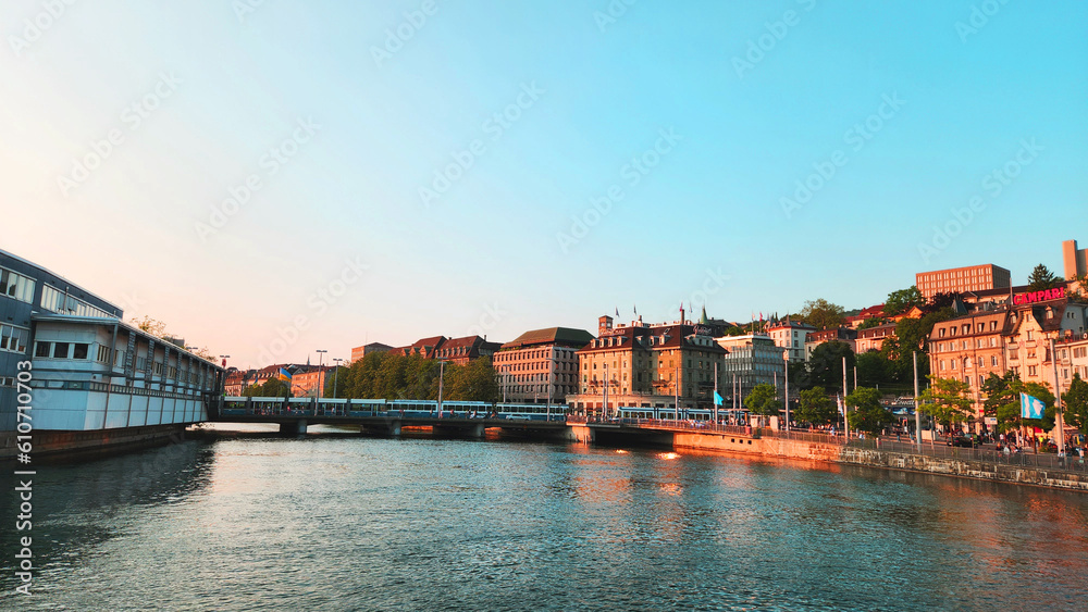 panorama view from lake Zurich in  Switzerland taking during sunset time