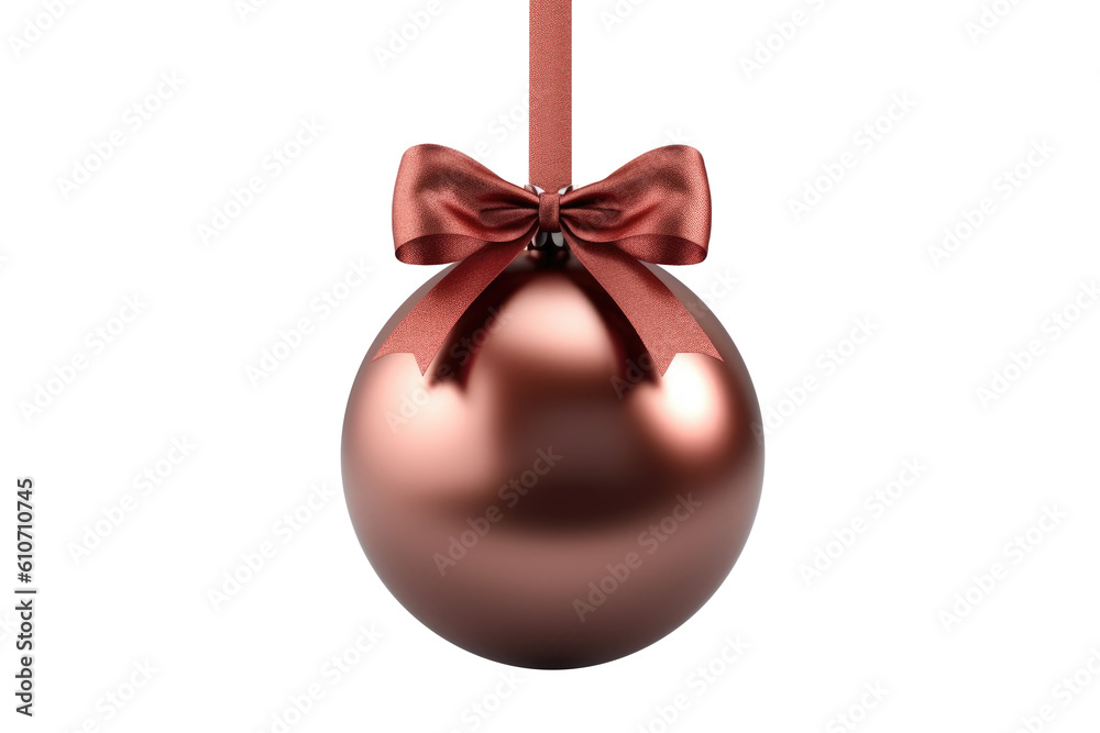 Red brown Christmas ball with ribbon and a bow, isolated on background. Generative AI Red brown Christmas ball with ribbon and a bow, isolated on background. Generative AI