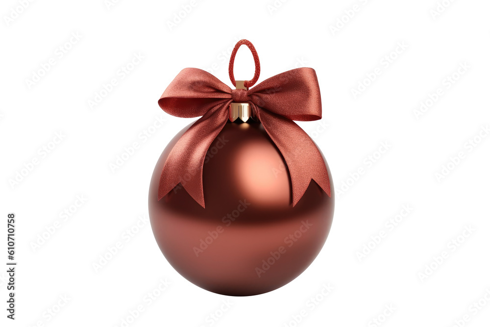 Red brown Christmas ball with ribbon and a bow, isolated on background. Generative AI Red brown Christmas ball with ribbon and a bow, isolated on background. Generative AI