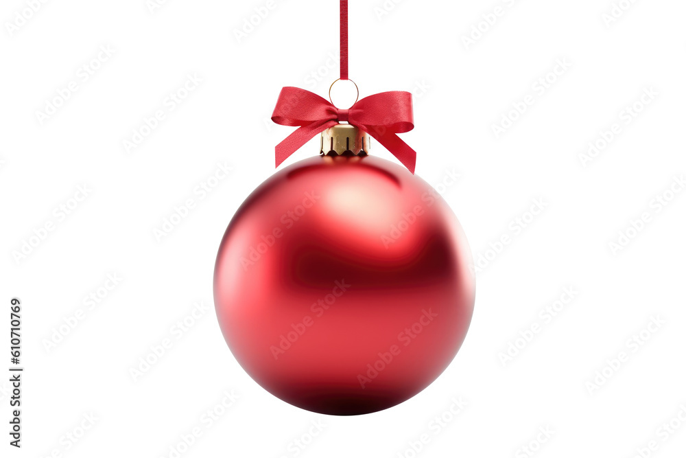Red Christmas ball with ribbon and a bow, isolated on background. Generative AI Red Christmas ball with ribbon and a bow, isolated on background. Generative AI