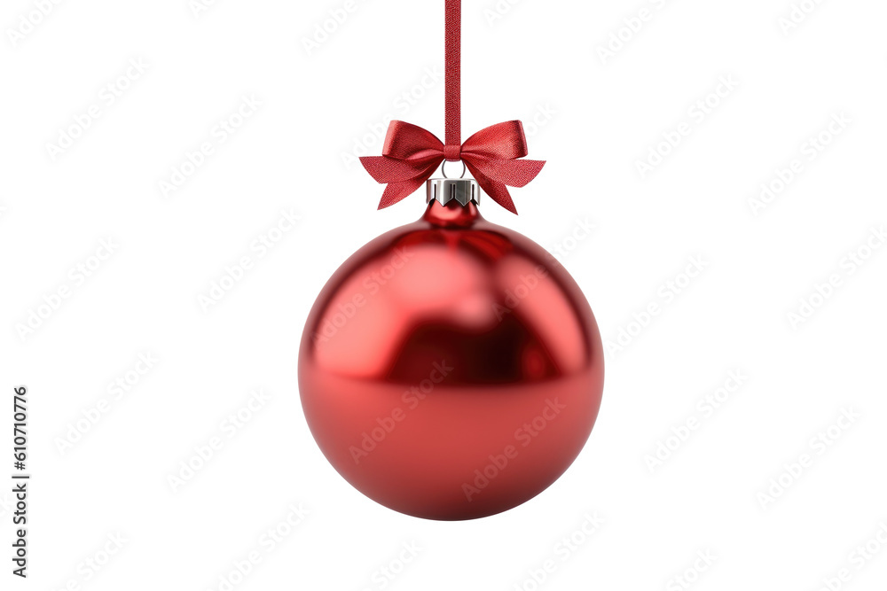 Red Christmas ball with ribbon and a bow, isolated on background. Generative AI Red Christmas ball with ribbon and a bow, isolated on background. Generative AI