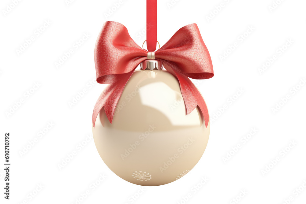 Red white Christmas ball with ribbon and a bow, isolated on background. Generative AI Red white Christmas ball with ribbon and a bow, isolated on background. Generative AI