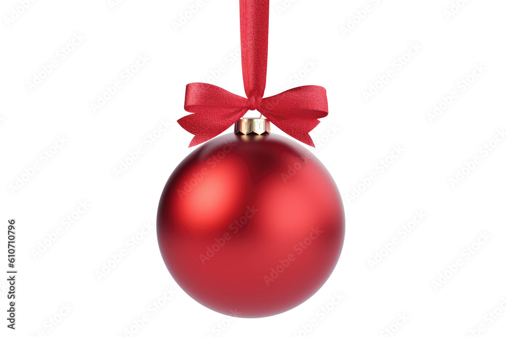 Red Christmas ball with ribbon and a bow, isolated on background. Generative AI Red Christmas ball with ribbon and a bow, isolated on background. Generative AI