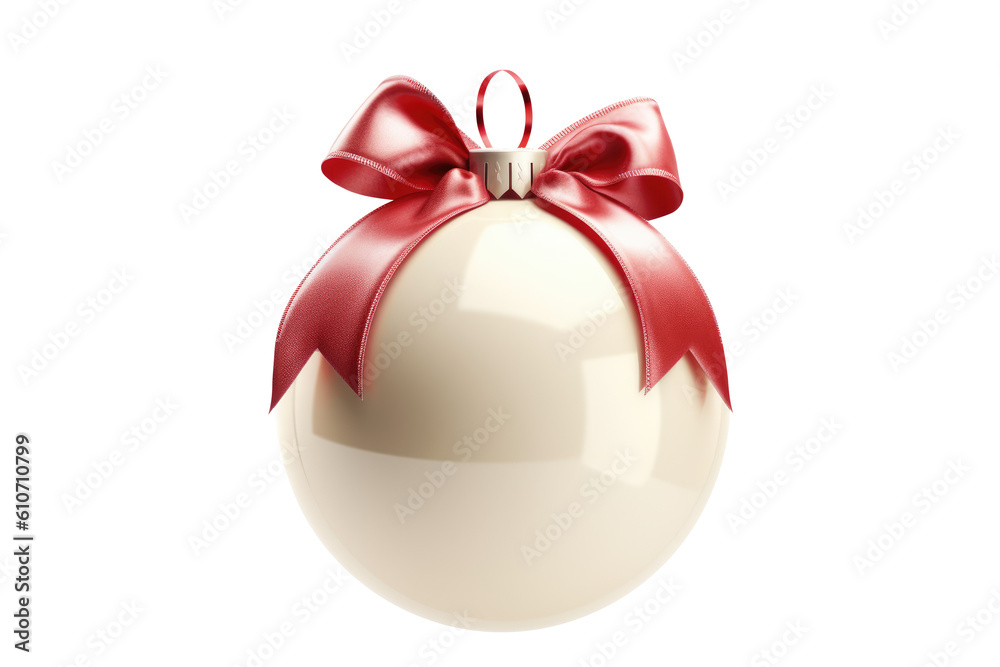 Red white Christmas ball with ribbon and a bow, isolated on background. Generative AI Red white Christmas ball with ribbon and a bow, isolated on background. Generative AI