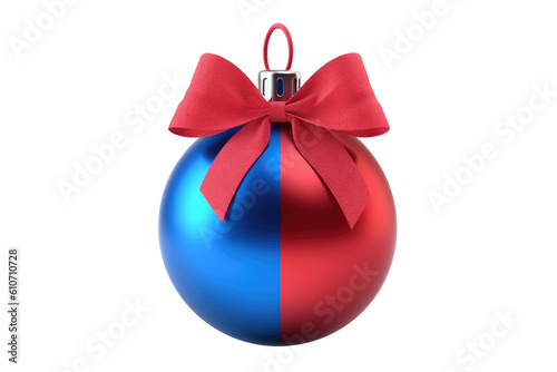 Red blue Christmas ball with ribbon and a bow, isolated on background. Generative AI