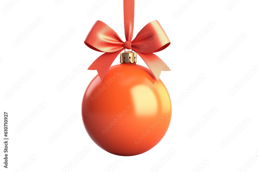 orange Christmas ball with ribbon and a bow, isolated on background. Generative AI orange Christmas ball with ribbon and a bow, isolated on background. Generative AI