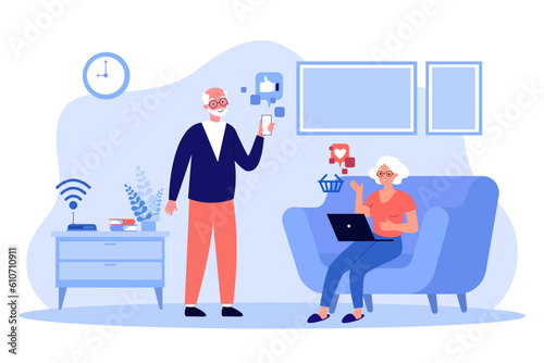 Happy grandfather and grandmother using smartphone and laptop. Elderly man using social media application on phone, old woman shopping on laptop vector illustration. Senior life, technology concept