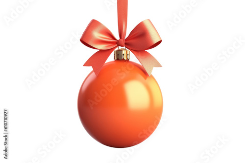 orange Christmas ball with ribbon and a bow  isolated on background. Generative AI