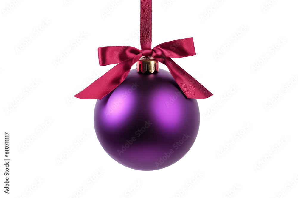 purple Christmas ball with ribbon and a bow, isolated on background. Generative AI purple Christmas ball with ribbon and a bow, isolated on background. Generative AI