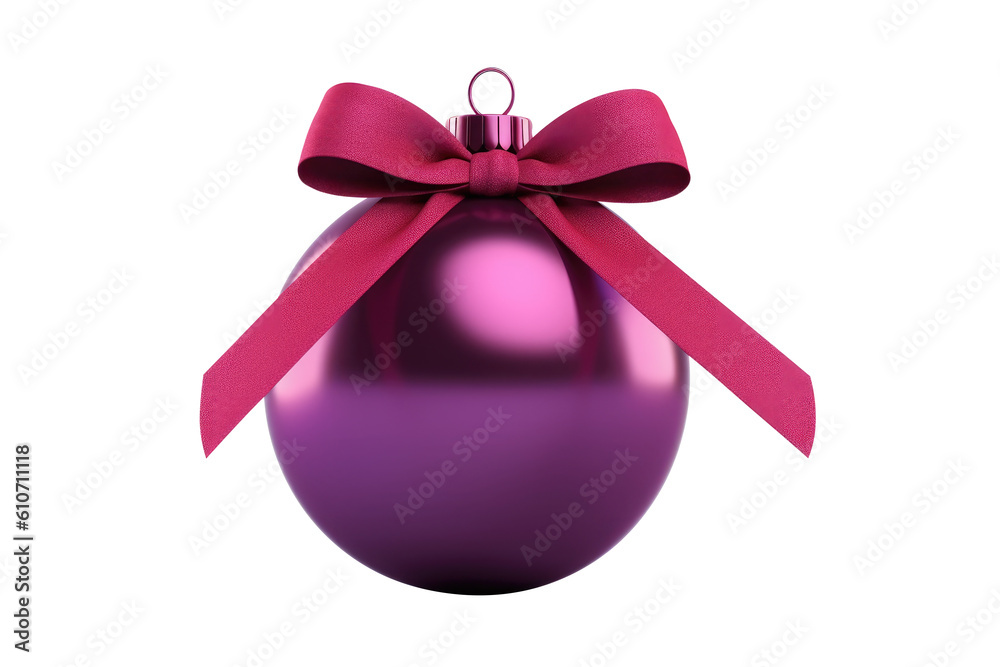 purple Christmas ball with ribbon and a bow, isolated on background. Generative AI purple Christmas ball with ribbon and a bow, isolated on background. Generative AI