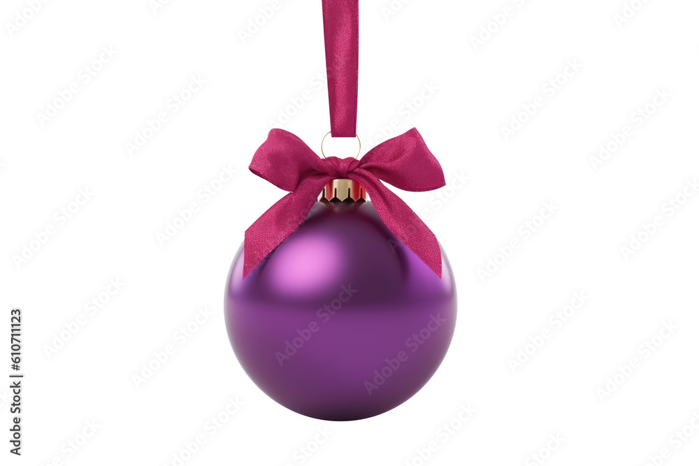 purple Christmas ball with ribbon and a bow, isolated on background. Generative AI purple Christmas ball with ribbon and a bow, isolated on background. Generative AI