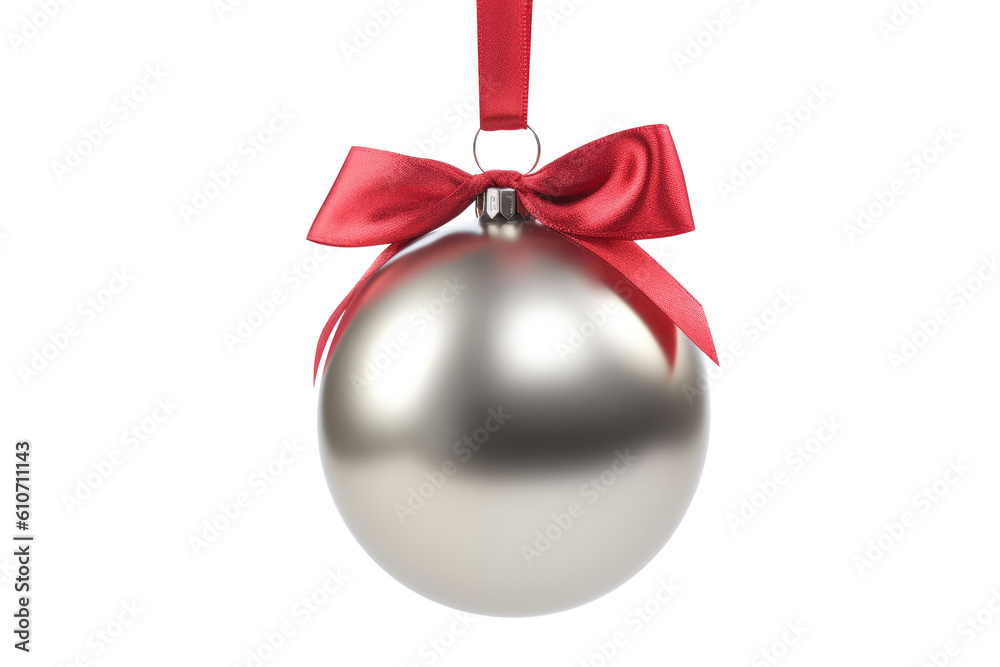 Red silver Christmas ball with ribbon and a bow, isolated on background. Generative AI Red silver Christmas ball with ribbon and a bow, isolated on background. Generative AI