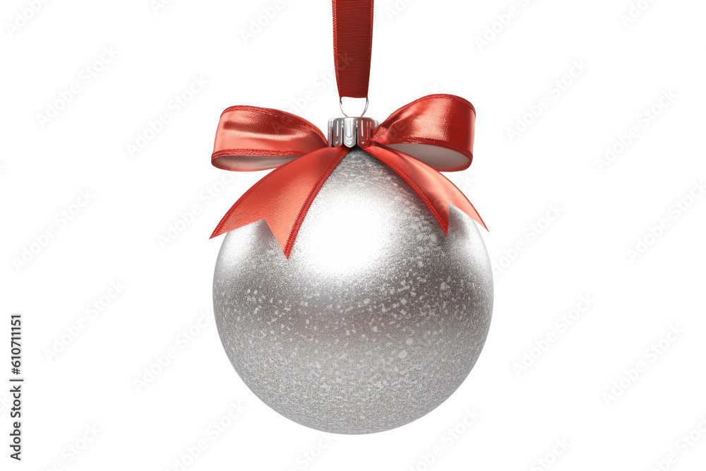 Red silver Christmas ball with ribbon and a bow, isolated on background. Generative AI