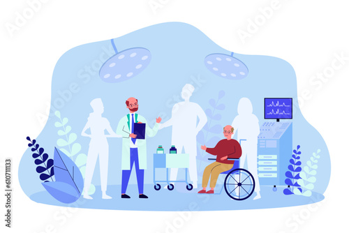 Doctor consulting man in wheelchair vector illustration. Empty silhouettes of healthcare workers carrying and treating patients. Health workforce shortage, recruiting problem, medicine concept