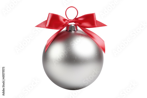 Red silver Christmas ball with ribbon and a bow, isolated on background. Generative AI