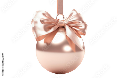rose gold Christmas ball with ribbon and a bow  isolated on background. Generative AI