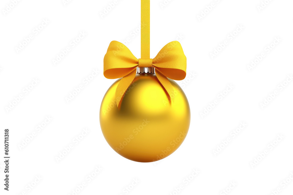 yellow Christmas ball with ribbon and a bow, isolated on background. Generative AI