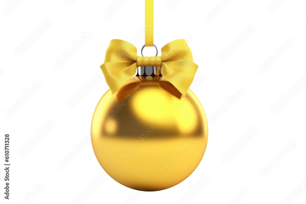 yellow Christmas ball with ribbon and a bow, isolated on background. Generative AI yellow Christmas ball with ribbon and a bow, isolated on background. Generative AI