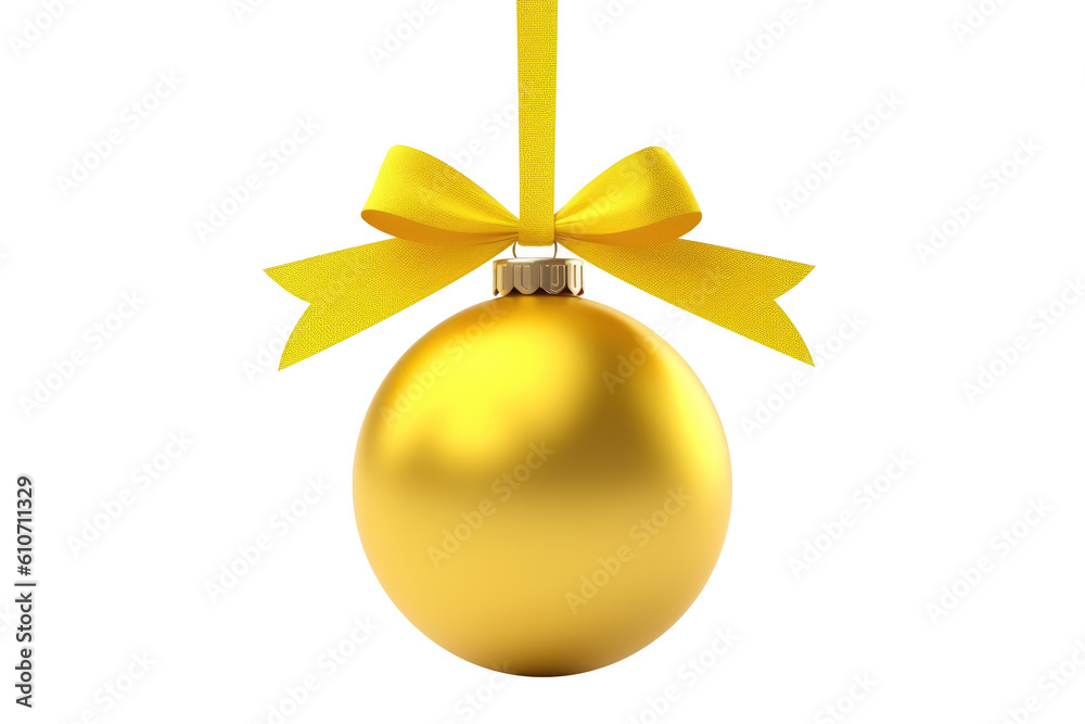 yellow Christmas ball with ribbon and a bow, isolated on background. Generative AI yellow Christmas ball with ribbon and a bow, isolated on background. Generative AI
