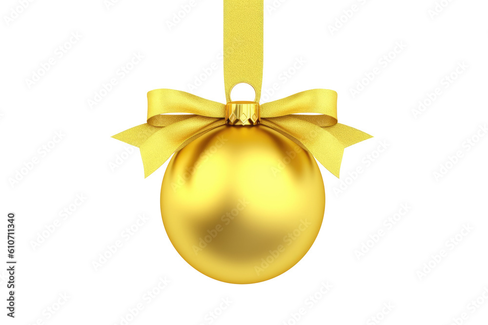 yellow Christmas ball with ribbon and a bow, isolated on background. Generative AI
