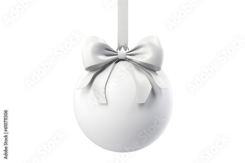 white Christmas ball with ribbon and a bow  isolated on background. Generative AI