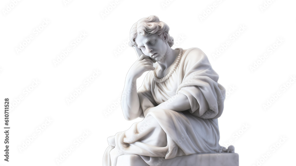 A marble statue of an individual on their phone on a transparent background, Generative AI