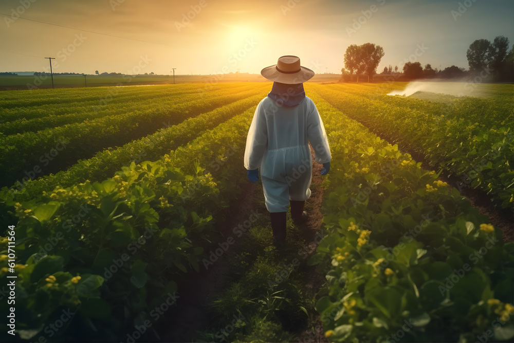Fototapeta premium Sustainable Agriculture - A farmer in a field using eco-friendly methods such as crop rotation and natural pest control. Generative ai.